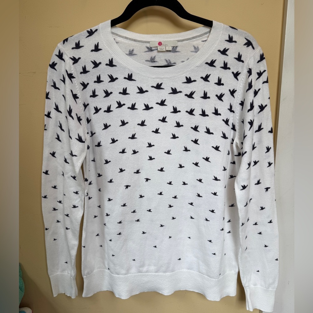 Boden, 100% Cotton Crew Neck Sweater, White with Navy Bird sweater, Medium